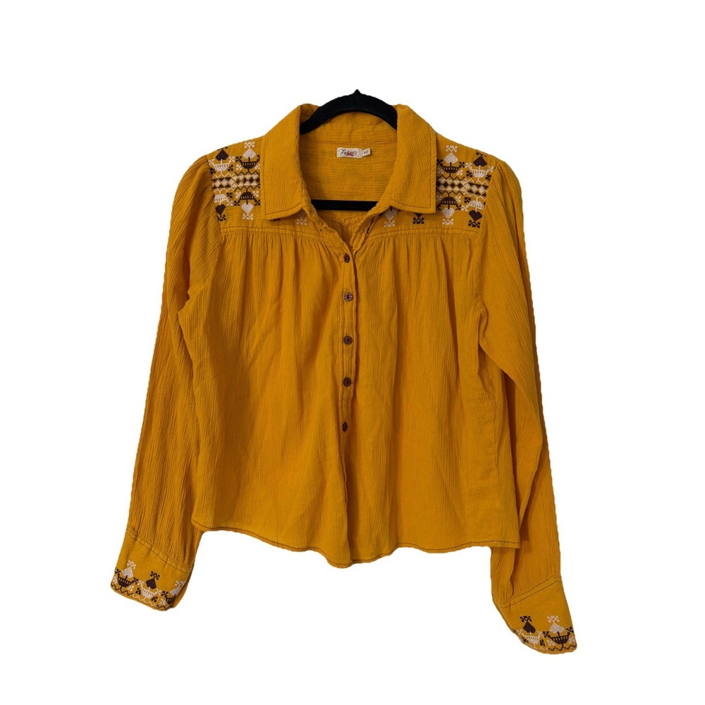 Embroidered Mustard Button-Front Women's Blouse